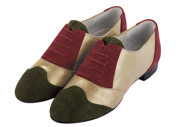 Khaki green, gold and burgundy red women's fashion lace-up shoes. Round toe. Flat leather soles. Front view - Florence KOOIJMAN